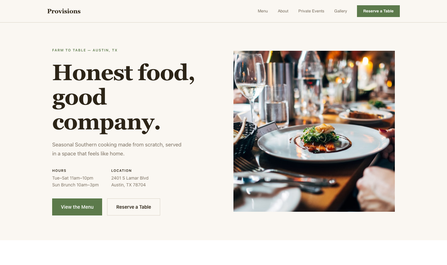 Provisions Kitchen & Bar restaurant website
