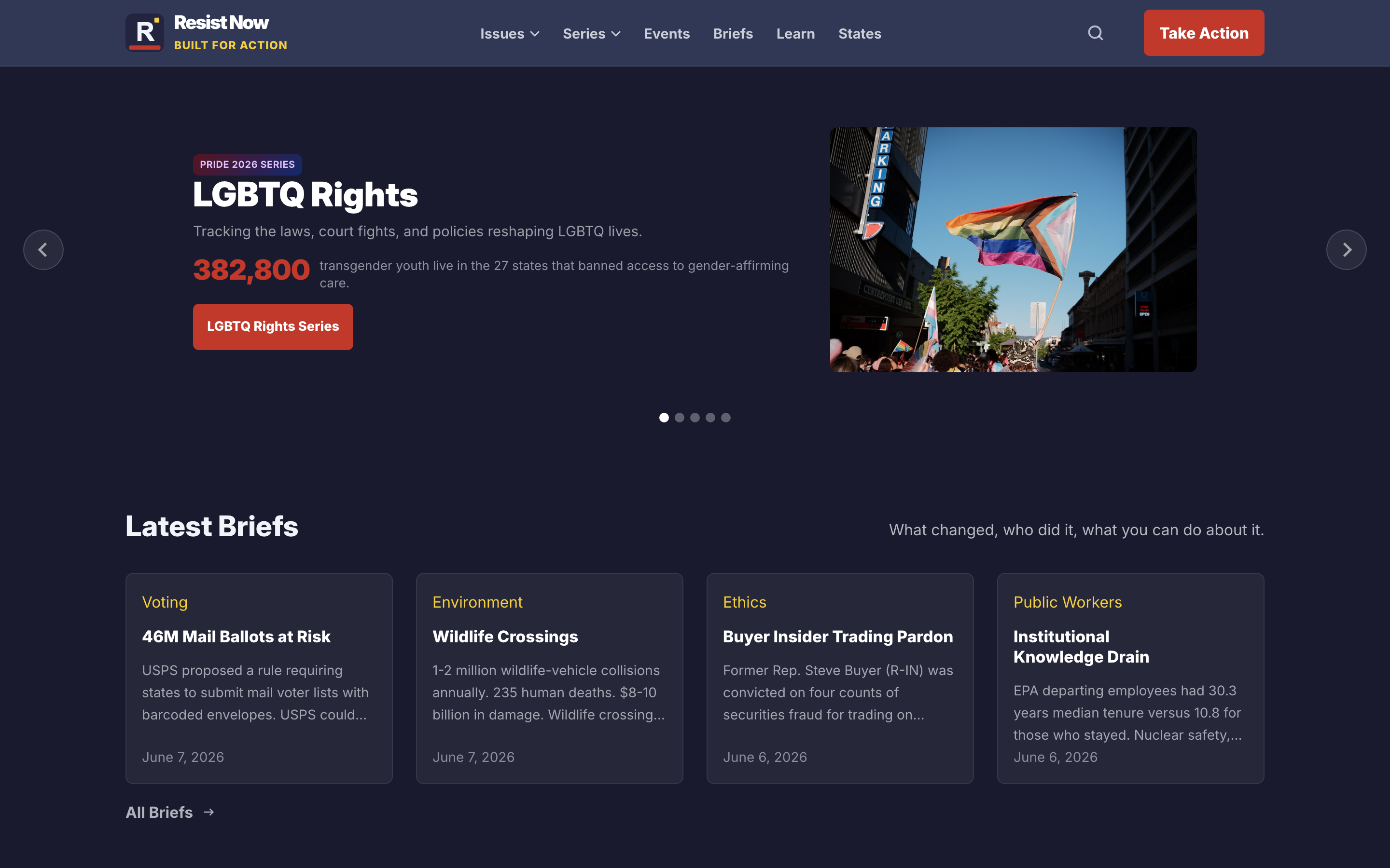 Resist Now homepage showing daily rotating briefs, issue navigation, and latest analysis cards across 16 policy areas