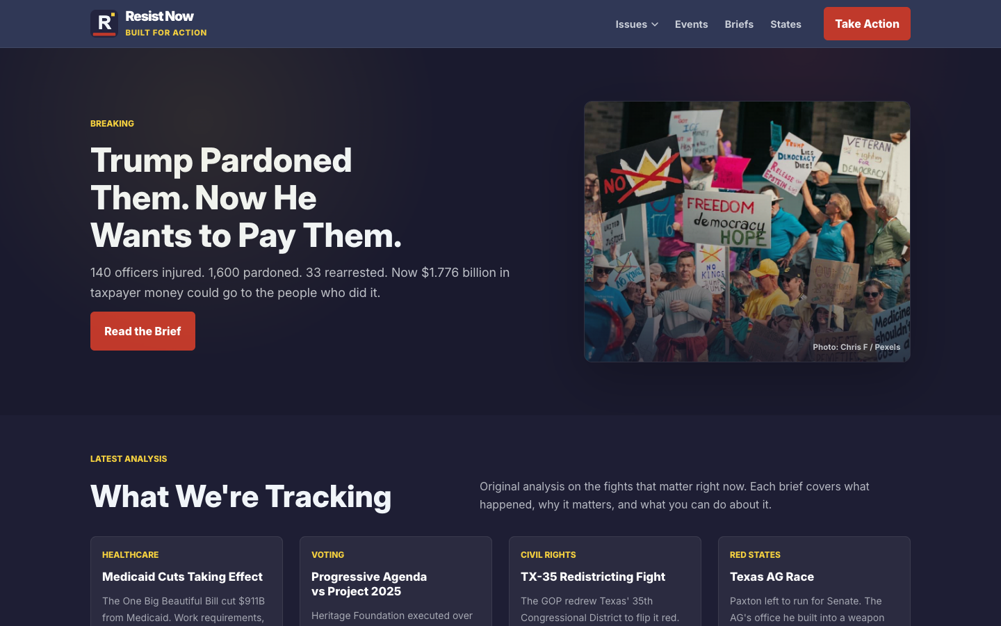 Resist Now homepage showing policy briefs and state action guides