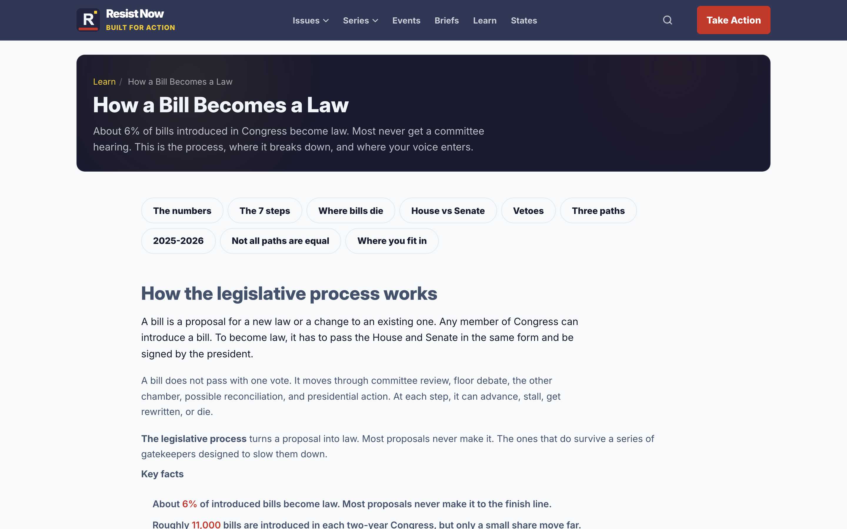 Learn page with FunnelChart showing how bills narrow from 11,000 introduced to 274 signed into law