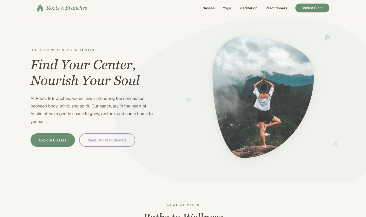 Roots & Branches wellness studio website